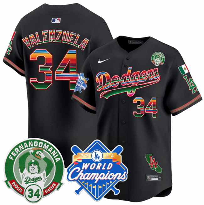 Men's Los Angeles Dodgers #34 Fernando Valenzuela Black Mexico Fernando Valenzuela & 2024 World Champions Patch Vapor Premier Limited Stitched Baseball Jersey Men's Los Angeles Dodgers #34 Fernando Valenzuela Black Mexico Fernando Valenzuela & 2024 World Champions Patch Vapor Premier Limited Stitched Baseball Jersey